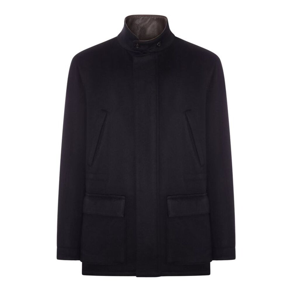 Lardini Men Short Cashmere Coat With Leather Collar